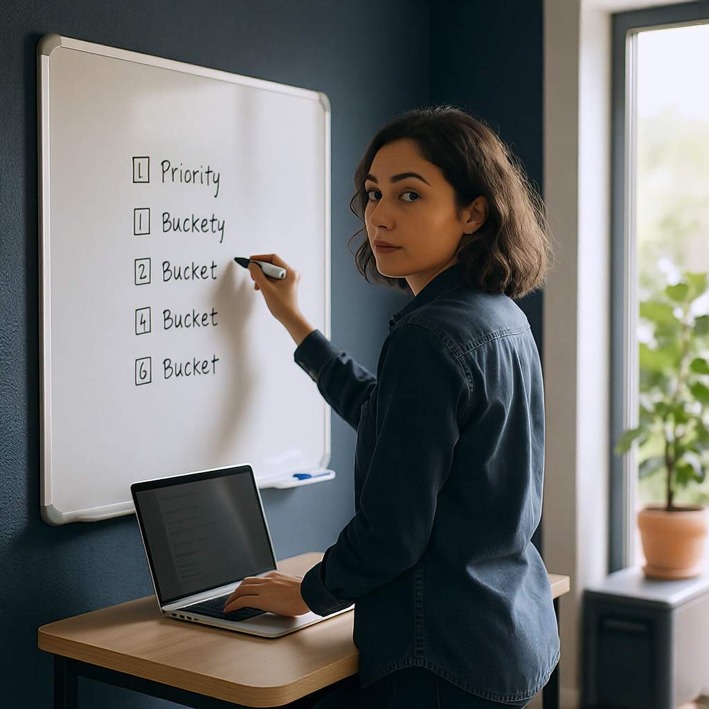 Six labeled buckets on the whiteboard, in dollar-priority order from the first dollar to the last, is how the raise gets captured before lifestyle creep absorbs it.