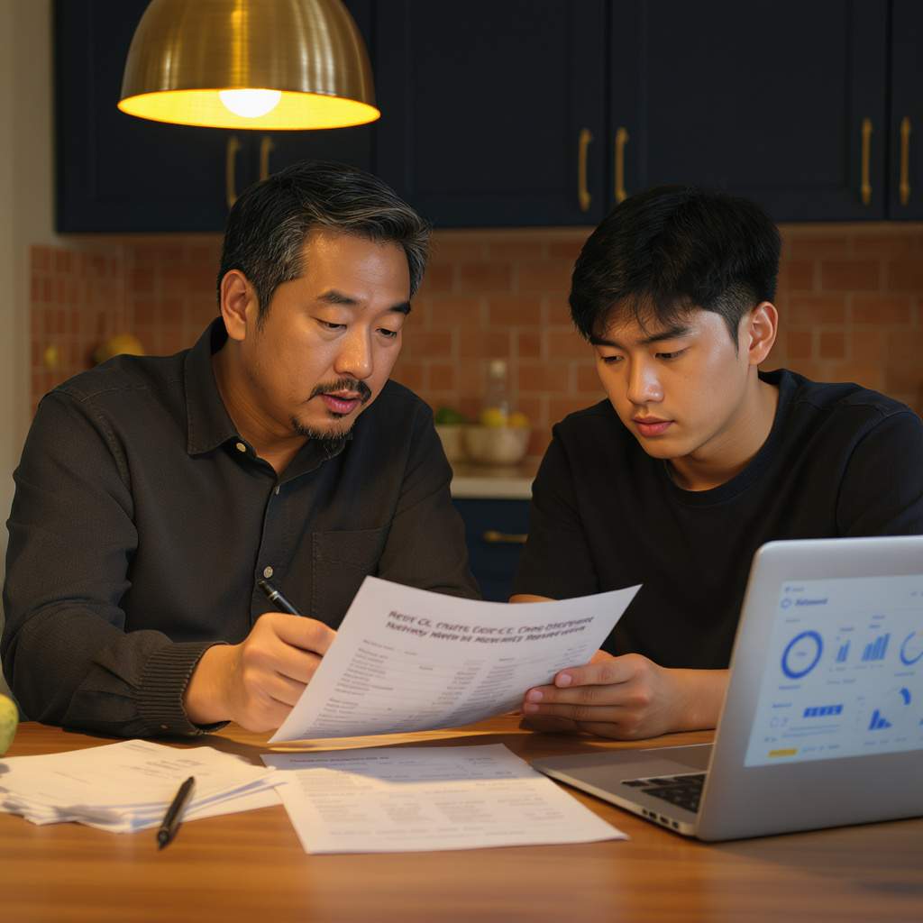 A parent walking a college-bound teen through how a single missed payment on a shared account would show up on both credit reports inside 30 days.