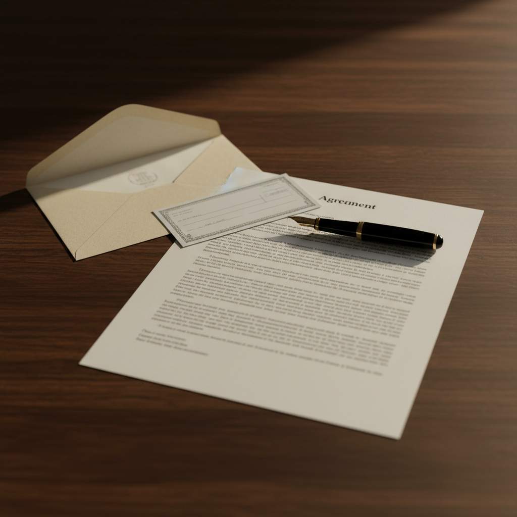 The signed agreement goes in your hand before the check leaves it, never the other way around.